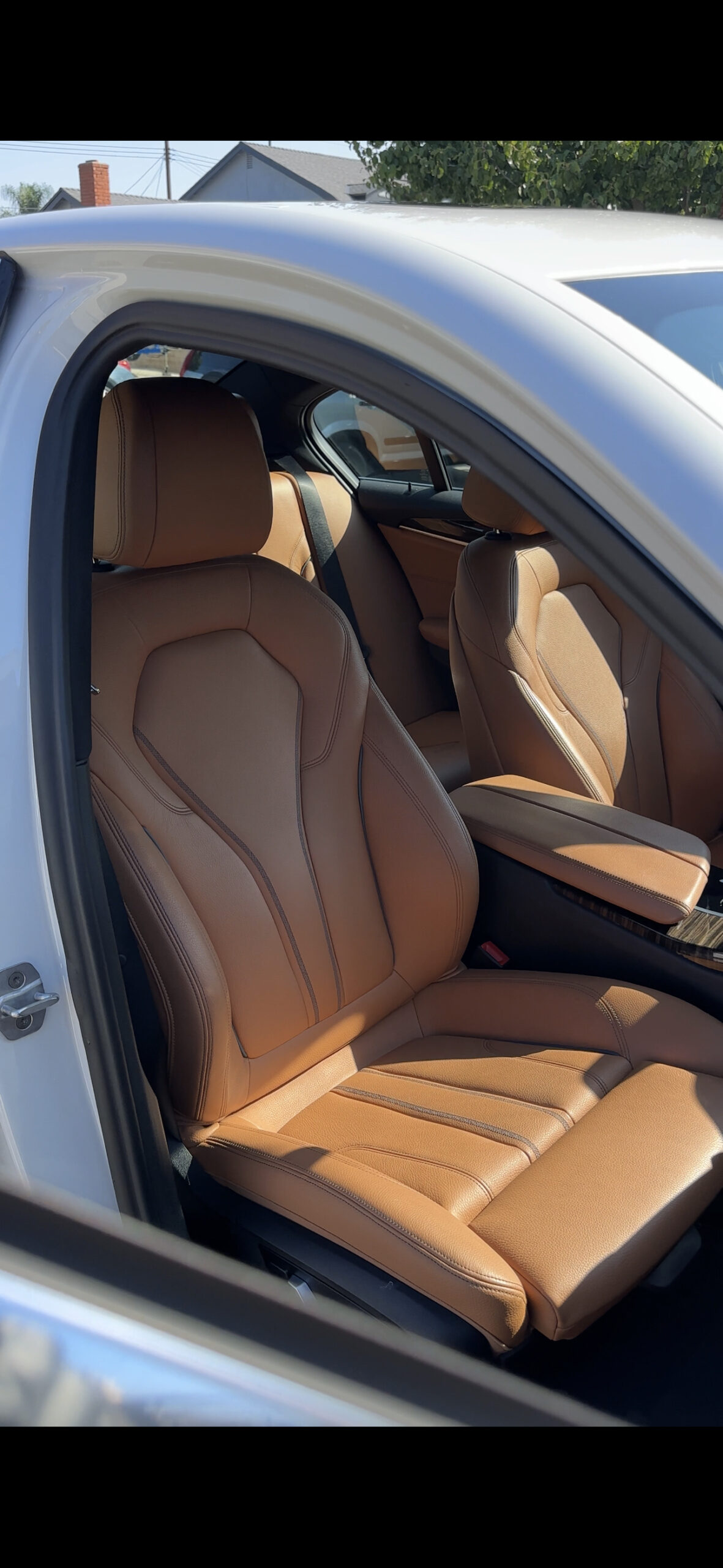 Cognac leather BMW seats cleaned and conditioned