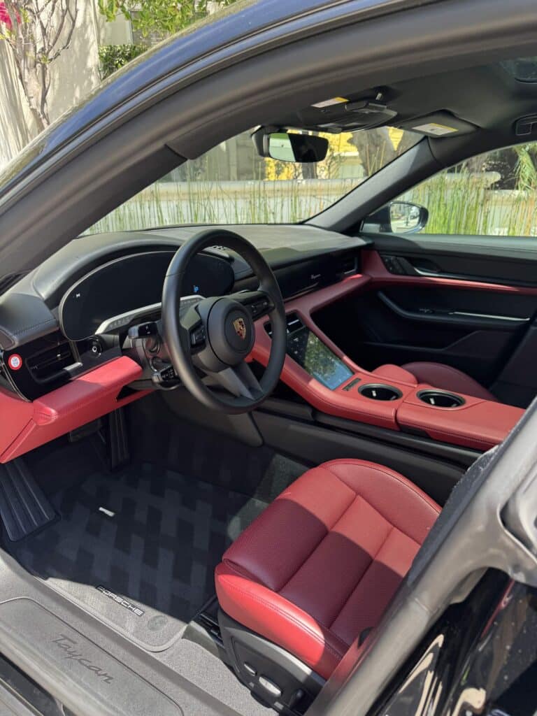 Red leather car interior cleaned and conditioned